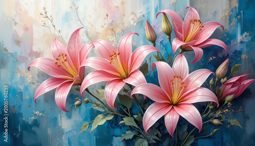 Elegant floral canvas painting with pink lilies and bright pastel abstract brush strokes