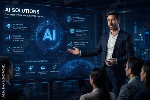 Businessman presenting AI solutions with futuristic technology graphics digital transformation AI solutions presentation for enterprise innovation and predictive analytics conference pitch