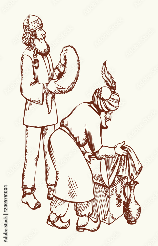 Fototapeta premium Vector drawing. Man sells a fabric on ancient market