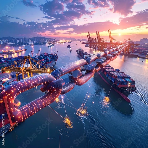 Scenic illustration of a harbor at sunset. A large chain connects cargo ships, symbolizing global commerce. Cranes load/unload containers