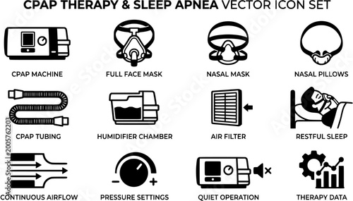Sleep Apnea CPAP Machine Mask Breathing Device Therapy Treatment Continuous Airway Pressure Respiratory Medical Equipment Vector Icon Set - CPAP Therapy 