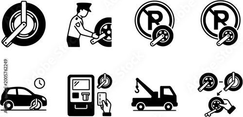 The Boot Wheel-Clamp Denver-Boot Parking-Violation Vehicle-Immobilization Tire-Lock Enforcement-Device Yellow-Clamp Vector Icon Set - Wheel Boot