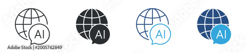 AI global communication icon set. globe with artificial intelligence chat bubble. worldwide technology and network concept. vector illustration.