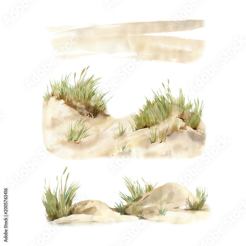 Sand and grass, hand-drawn watercolor illustrations. Sandy coastline. Isolated on white background. Design objects.