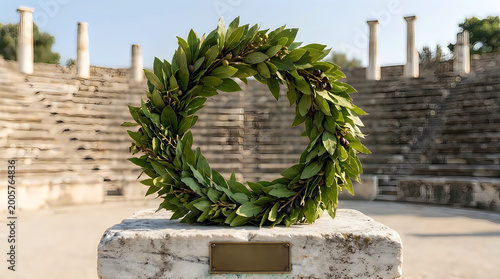 Green laurel wreath on gravestone in cemetery illustration