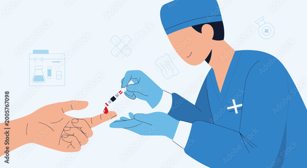 Naklejka premium Doctor performing blood glucose test on patient's finger, medical checkup, diabetes screening