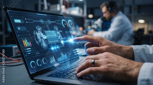 Industrial Engineer and AI, Artificial Intelligence concept, Manager Technical Industrial Engineer people and control robotics with monitoring system software and icon industry, Car EV technology