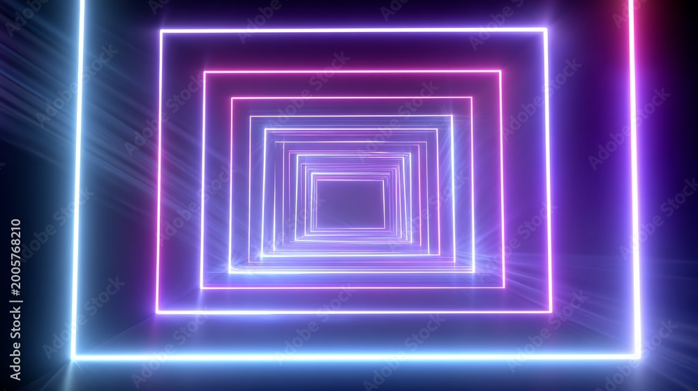 Fototapeta premium Abstract digital with glowing neon square frame in purple and blue gradient background