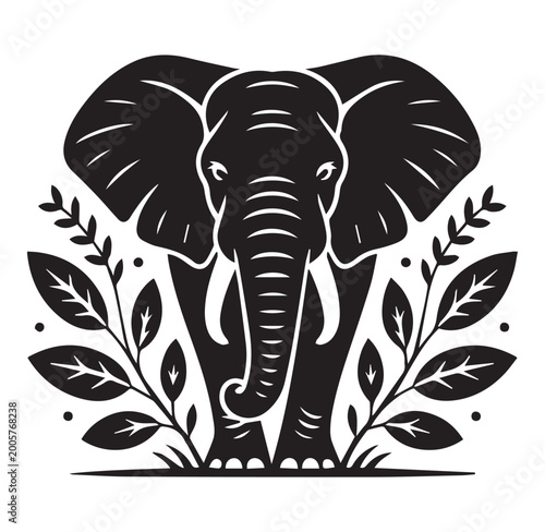 Black elephant head with leaves