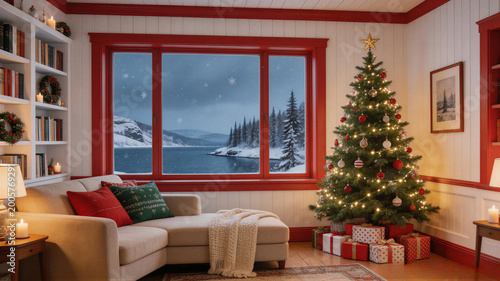 Cozy Christmas living room with decorated tree and snowy lake view, christmas backdrop, virtual meeting background, ms teams background, zoom meeting backdrop, digital meeting background