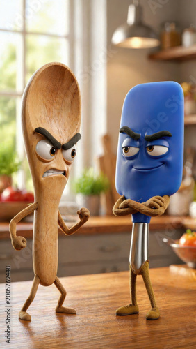 Fotografie Anthropomorphic wooden spoon and spatula in kitchen showdown