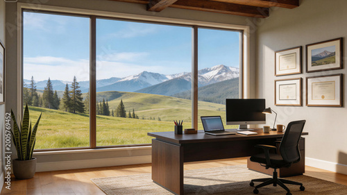 Modern home office with a stunning mountain view and natural light, summer backdrop, virtual meeting background, ms teams background, zoom meeting backdrop, digital meeting background