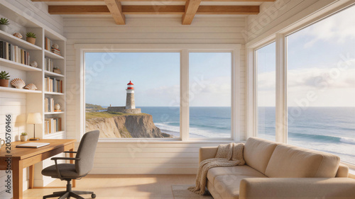 Cozy home office with a stunning ocean view and lighthouse on a cliff, summer backdrop, virtual meeting background, ms teams background, zoom meeting backdrop, digital meeting background