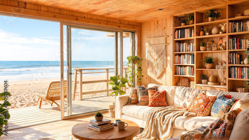 Cozy beach house living room with ocean view and bohemian decor, virtual background, meeting backdrop, ms teams background, zoom meeting background, digital meeting backdrop
