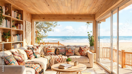 Cozy beach house living room with ocean view and bohemian decor, virtual background, meeting backdrop, ms teams background, zoom meeting background, digital meeting backdrop