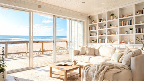 Design ohBright coastal living room with ocean view and comfortable sectional sofa, digital background, teams background, zoom meeting backdrop, virtual meeting background
