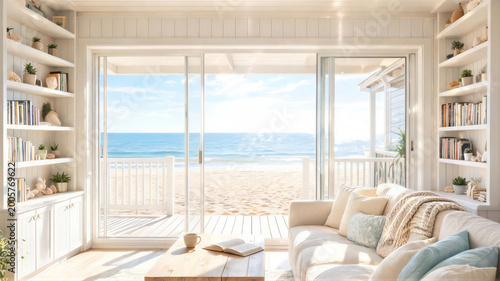Bright living room with ocean view and beach access, perfect for relaxation, backdrop, virtual meeting background, ms teams background, zoom meeting backdrop, digital meeting background