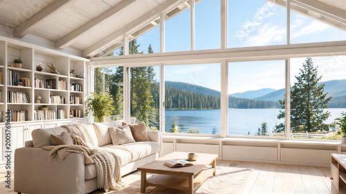 Cozy living room with large windows overlooking a serene lake and lush forest, digital meeting background, ms teams backdrop, zoom meeting background, virtual meeting backdrop