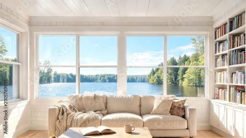 Cozy living room with large windows overlooking a serene lake and lush forest, digital meeting background, ms teams backdrop, zoom meeting background, virtual meeting backdrop