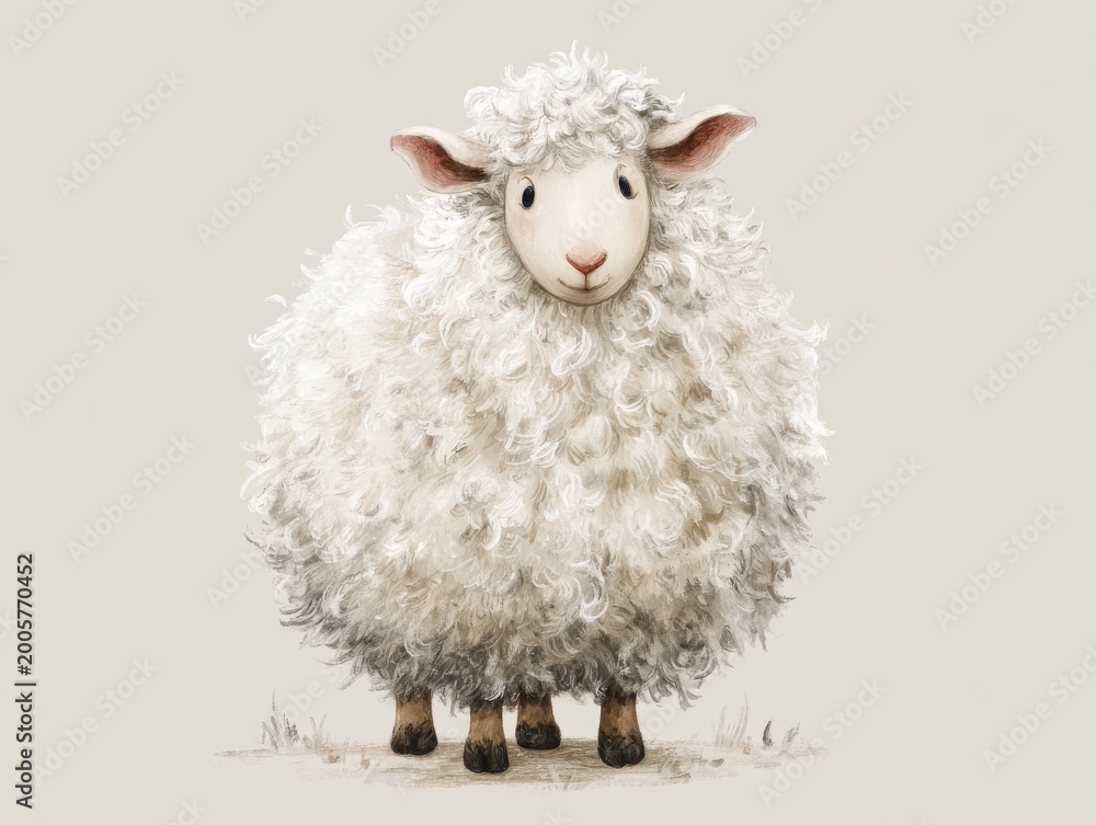 Fototapeta premium Fluffy sheep watercolor illustration soft wool farm animal cute portrait
