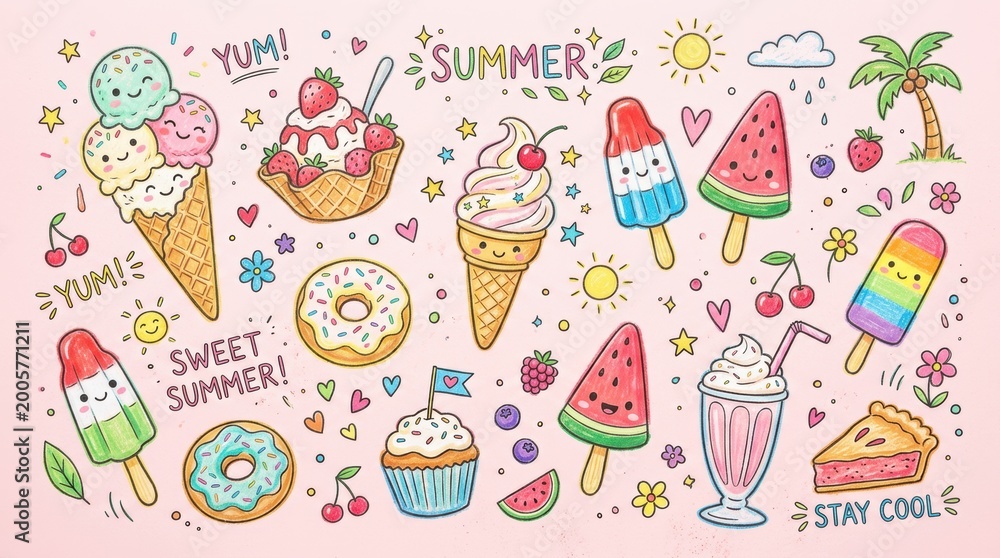 Fototapeta premium Cute colorful chalk ice cream and dessert doodles with playful summer pastel artistic composition background design