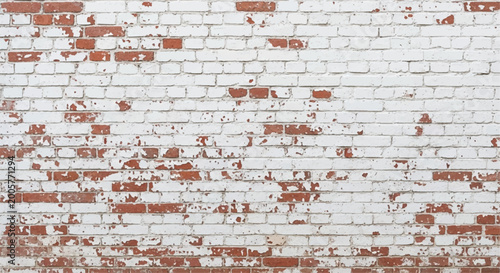 Konstfotografi White brick wall background with weathered red bricks and distressed texture