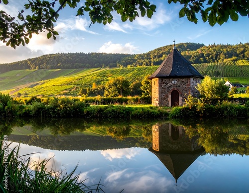 Scenic landscape featuring a small stone structure on water's edge. Reflective pond mirrors structure, trees, and sky. Rolling hills and sunlight