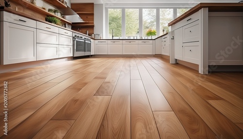 low angle luxury vinyl plank flooring showing off natural oak pattern extending into modern white kitchen generative ai