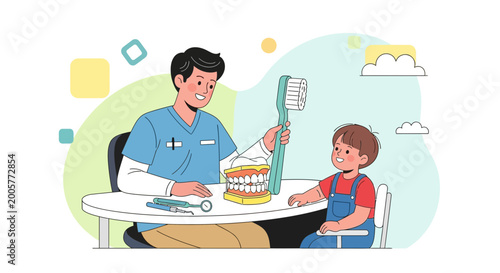 Dentist teaching child dental hygiene with toothbrush and teeth model