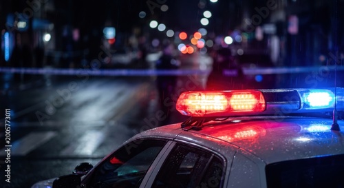 Police Car Flashing Lights at Night Crime Scene