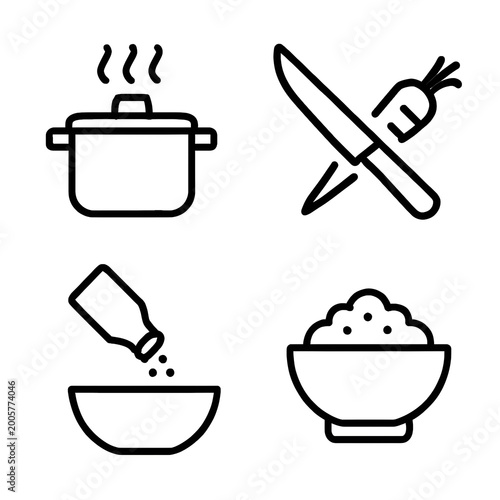 Cooking Instruction Icon Set Vector - Kitchen Food Preparation Line Symbols of Boiling Pot, Cutting Carrot, Seasoning Bowl, and Rice Dish Template Graphic