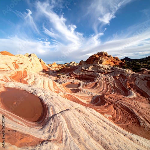 Scenic landscape featuring layered sandstone formations with swirling patterns under a partly cloudy, bright blue sky