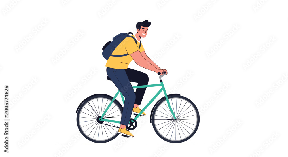 Fototapeta premium Happy young man with a backpack riding a green bicycle along a city street in a modern and flat design illustration.
