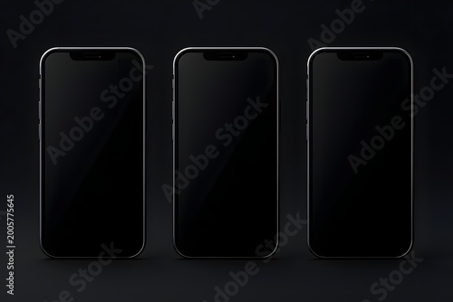 Three Dark Smartphone Mockup Set - Realistic Black Mobile Phone Display Templates with Silver Metal Frames and Blank Screens Isolated on Pitch Black Background