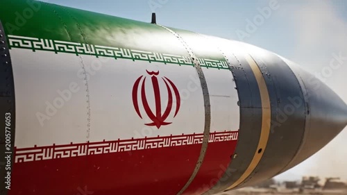 A missile with the Iranian flag painted on the side outdoors  sunlight view
