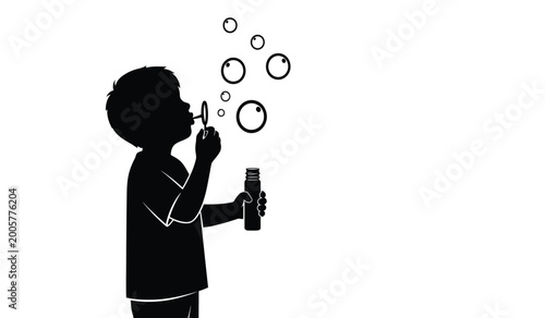 Fotografia silhouette of a child blowing bubbles with a wand black and white isolated on wh