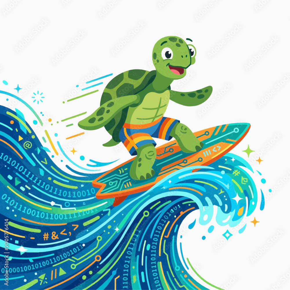 Obraz premium Sea turtle surfing a digital code wave