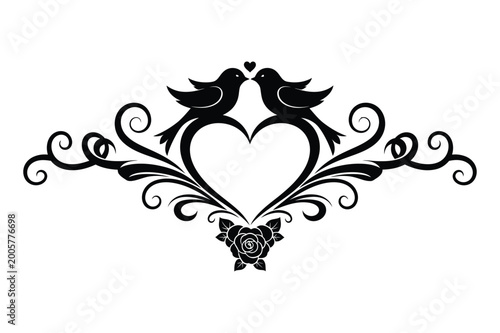 Decorative swirl border with two birds on a heart and rose decoration ornament