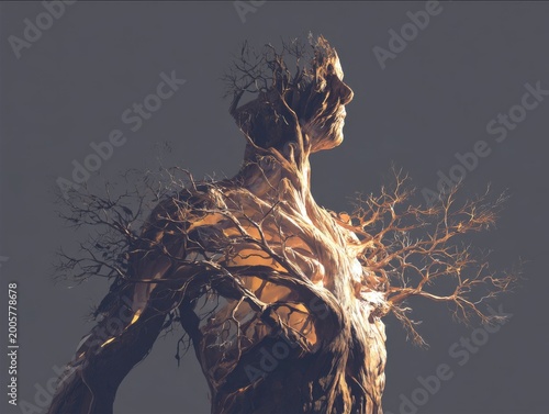 Glowing human tree fusion with branching limbs symbolizing energy growth and nature