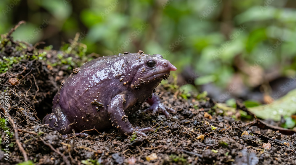 Obraz premium Purple frog on wet soil in tropical jungle