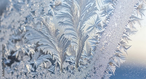 Close-up of frosty window with feather-like ice crystals