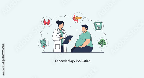 Endocrinology Evaluation: Doctor Consults Overweight Patient with Hormonal Health Icons