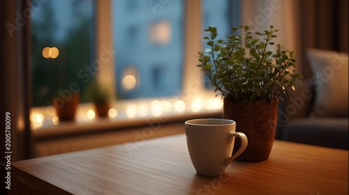 A cozy still life featuring a potted green houseplant and a white cup placed on a wooden table bathed in soft natural daylight