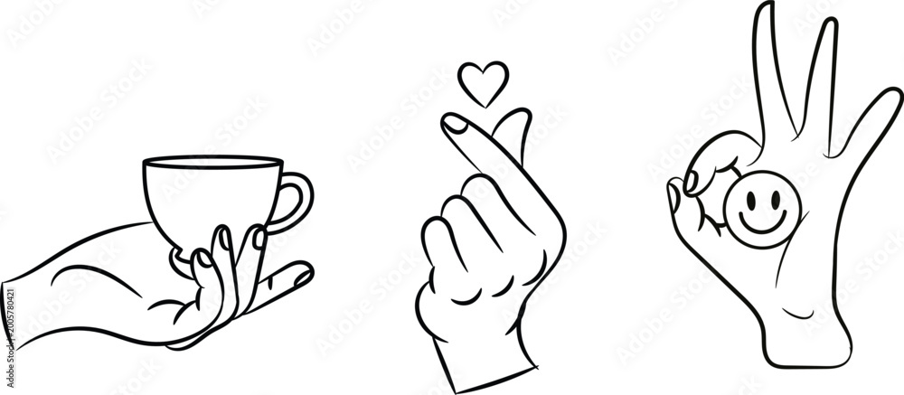 Fototapeta premium Set of hand gestures holding a coffee cup, making a finger heart and an ok sign