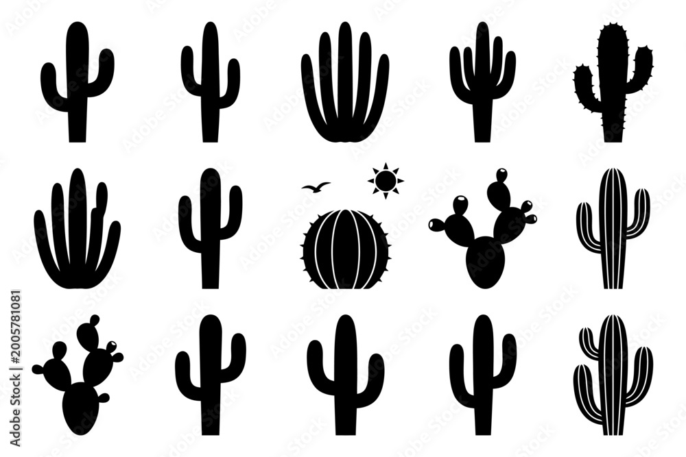Fototapeta premium Silhouette collection of diverse cactus shapes and designs.