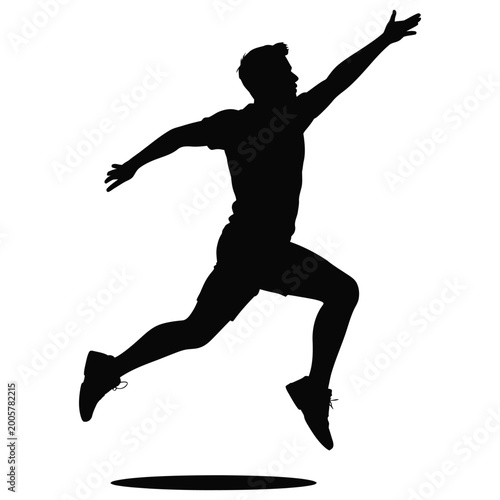Dynamic jumping man in mid air athletic pose black and white silhouette high quality