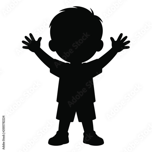 Happy child with arms raised in celebration black silhouette high quality professional detailed modern