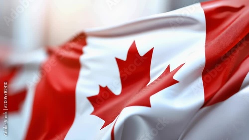 Canada Day celebration with a vibrant Canadian flag waving on a golden flagpole, symbolizing national pride, patriotism, freedom, and identity against a soft background