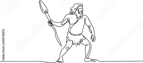 Tableau sur toile Continuous one line drawing ancient caveman or homosapien hunter standing and holding big stone spear