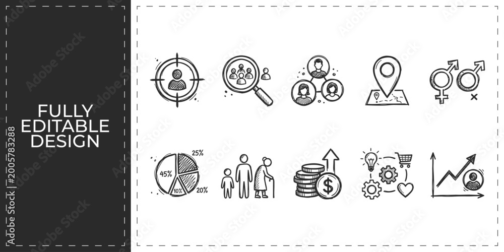 Obraz premium Human resources and job recruitment vector icons featuring hiring skills team leader and gender equality hand drawn illustration for corporate management and HR design